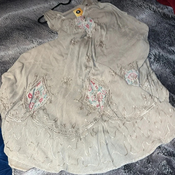 Vintage style Beige cotton flowy embroidered  sleeveless dress free size - Picture 9 of 11